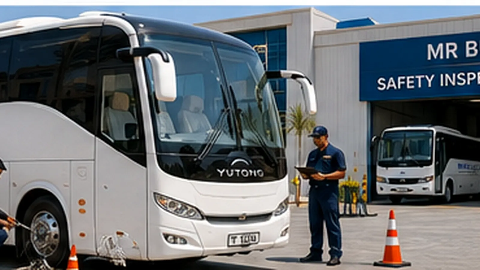 MR BUS driver and technician completing a pre-trip coach safety inspection