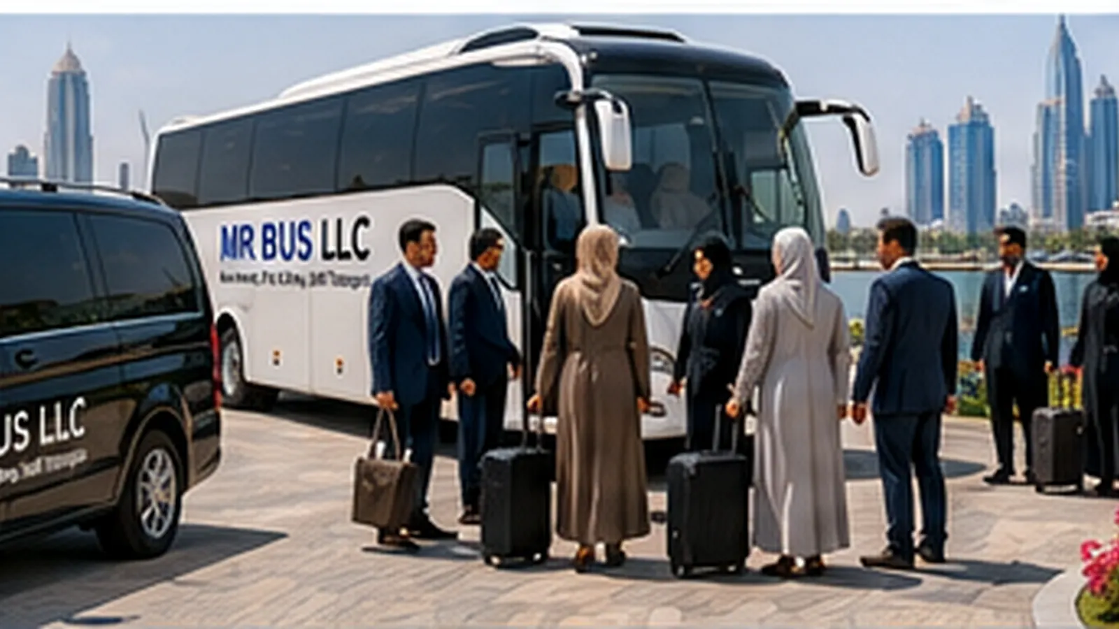 MR BUS premium van and coach serving a private group at Dubai Creek Harbour