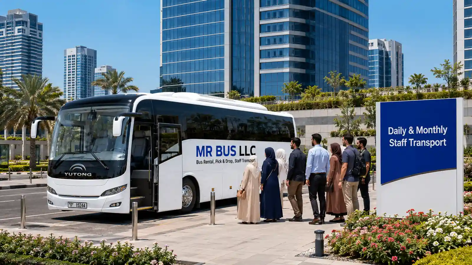 MR BUS staff bus boarding employees for daily and monthly transport in Dubai