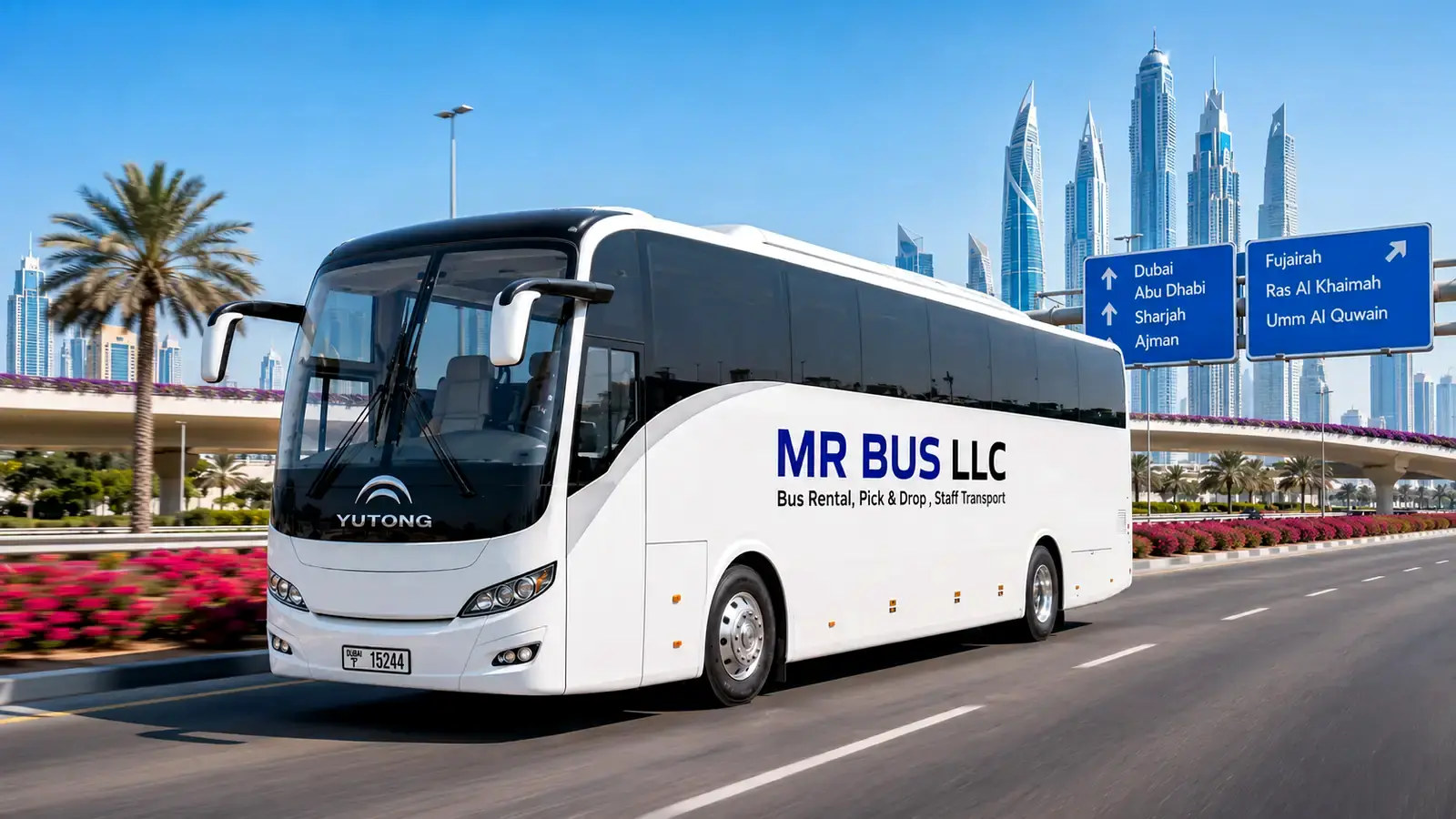 MR BUS luxury coach on a UAE highway with signs for the seven emirates