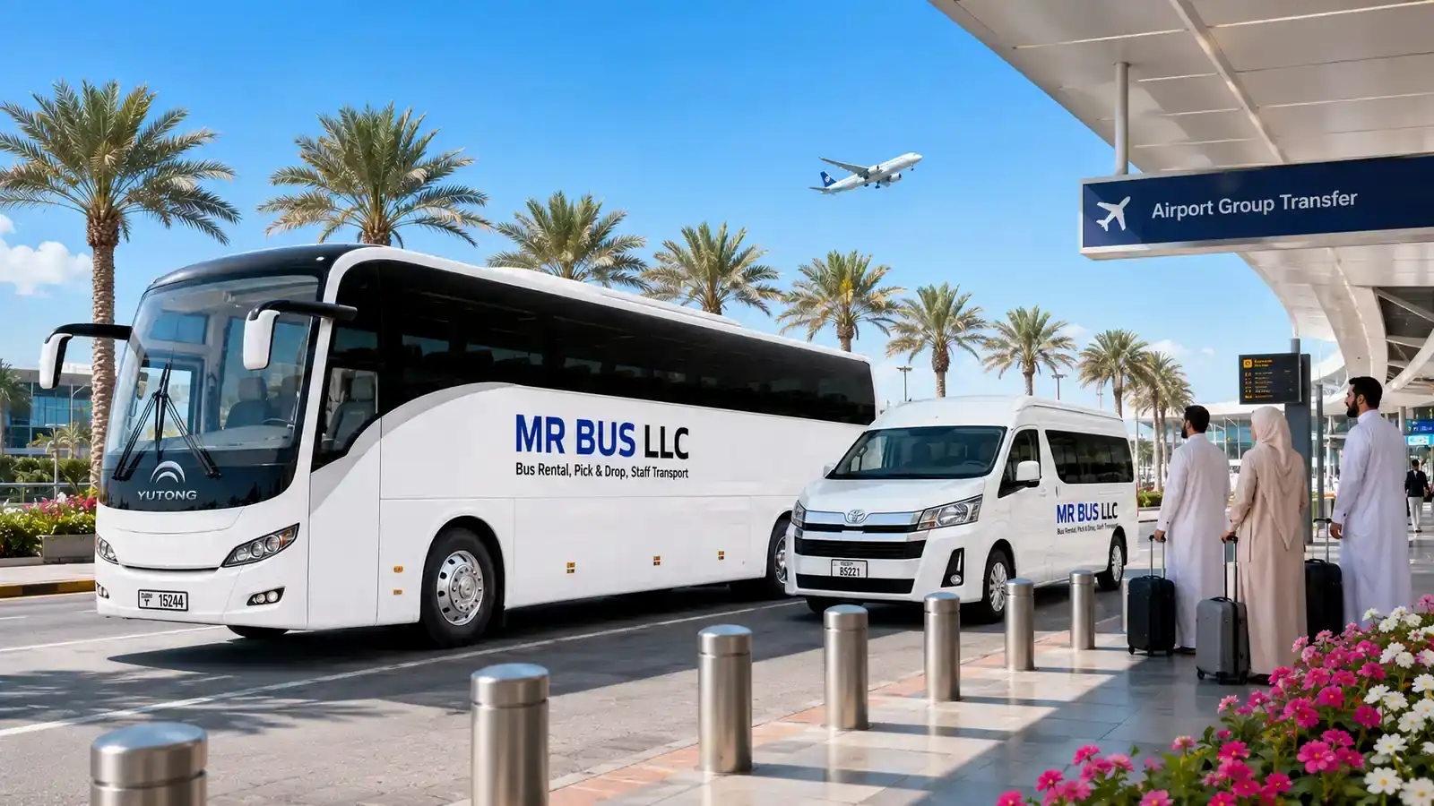 MR BUS coach and passenger van at a Dubai airport group transfer pickup area