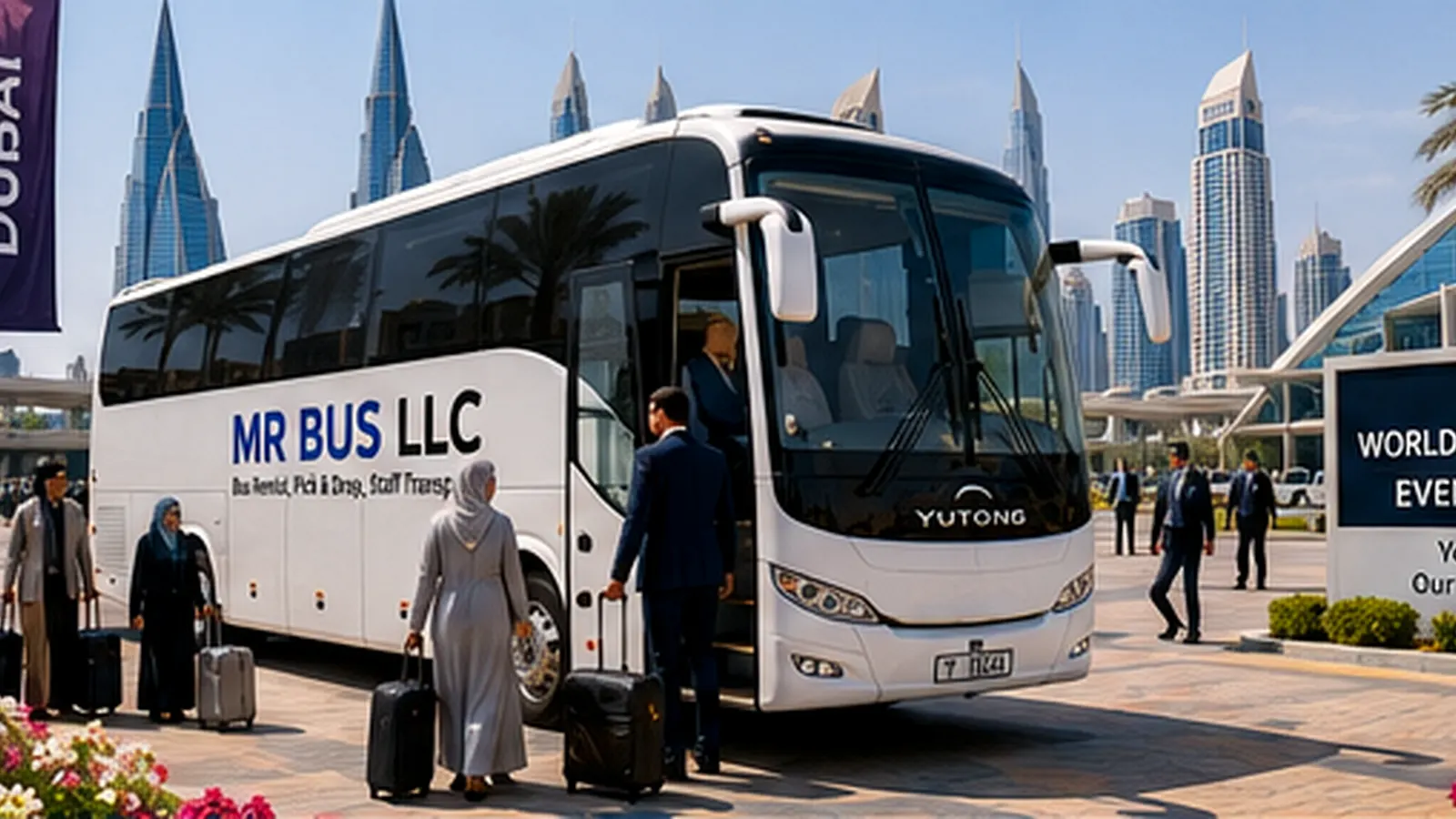 MR BUS luxury coach providing an event shuttle at Dubai World Trade Centre