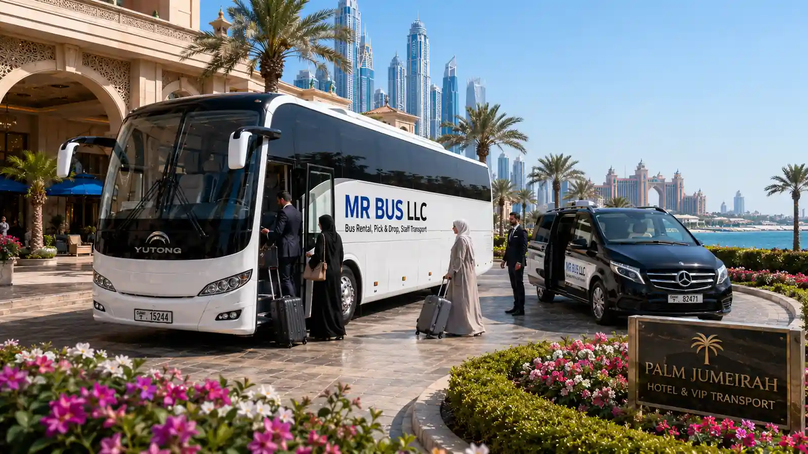 MR BUS luxury coach and premium van for hotel and VIP transport at Palm Jumeirah