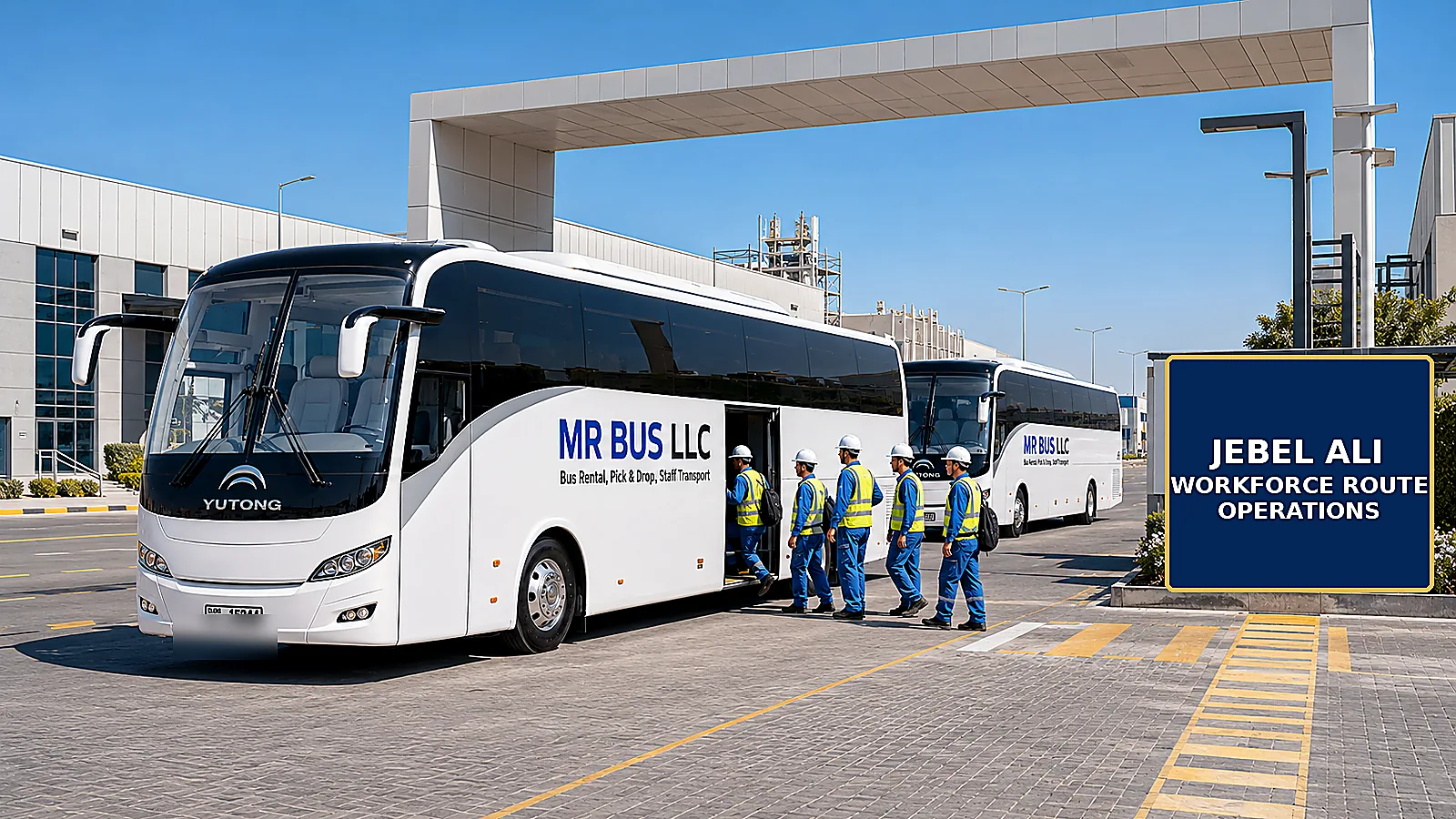 MR BUS workforce route operations with staff buses at Jebel Ali