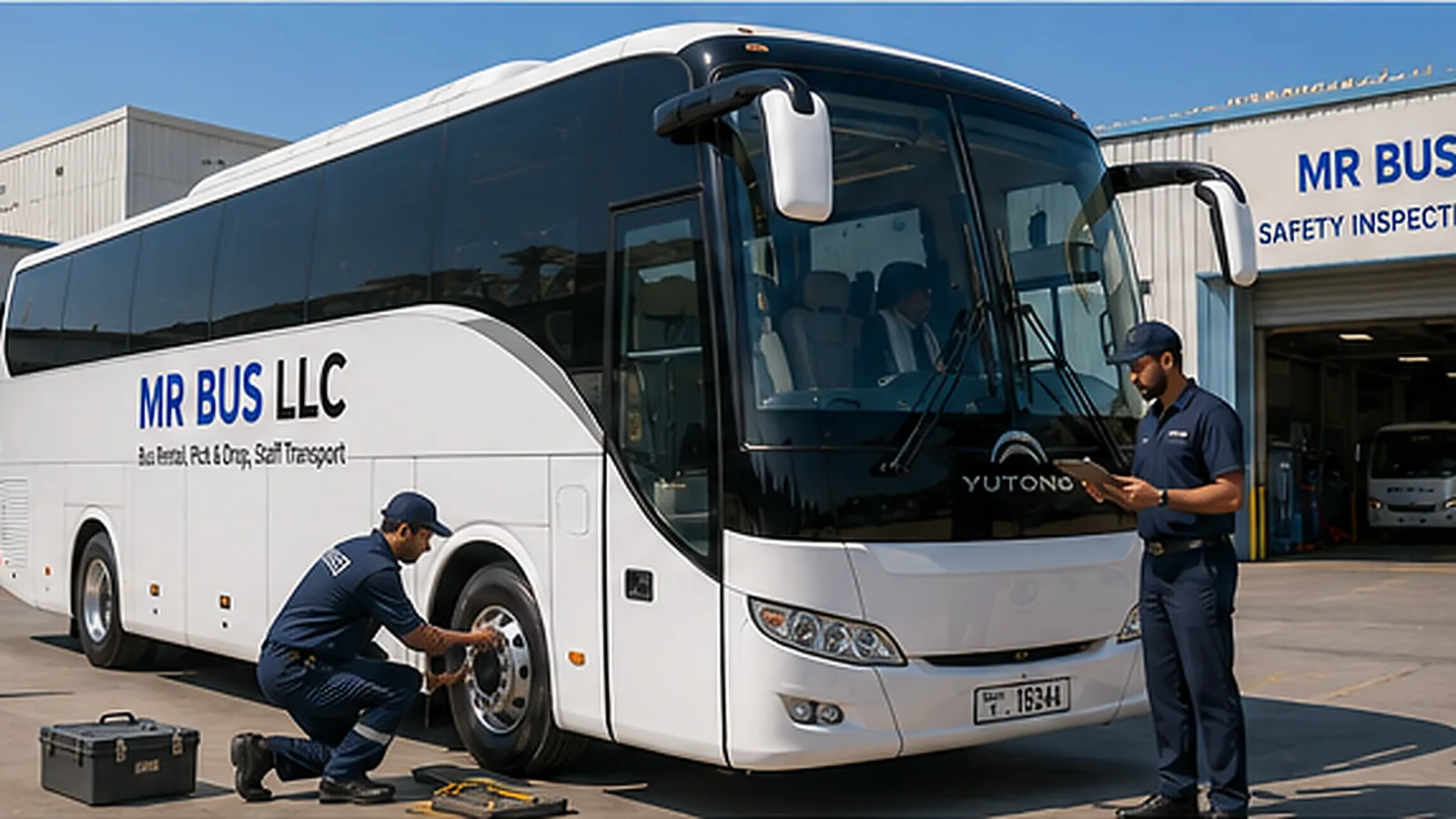 MR BUS driver and technician completing a pre-trip coach safety inspection